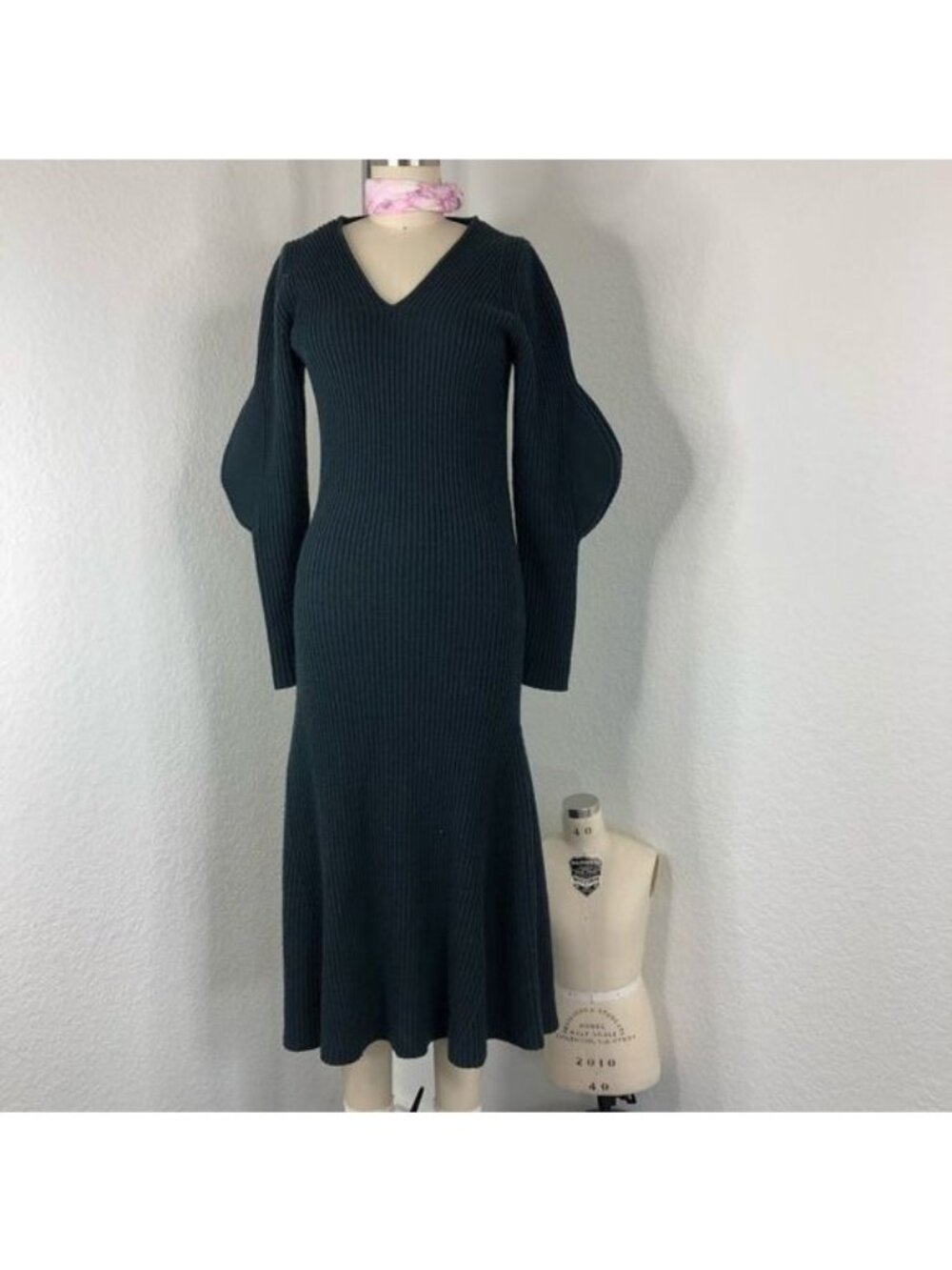 COS V Neck Ribbed Knit Elbow Patch Midi Swing Sweater Dress